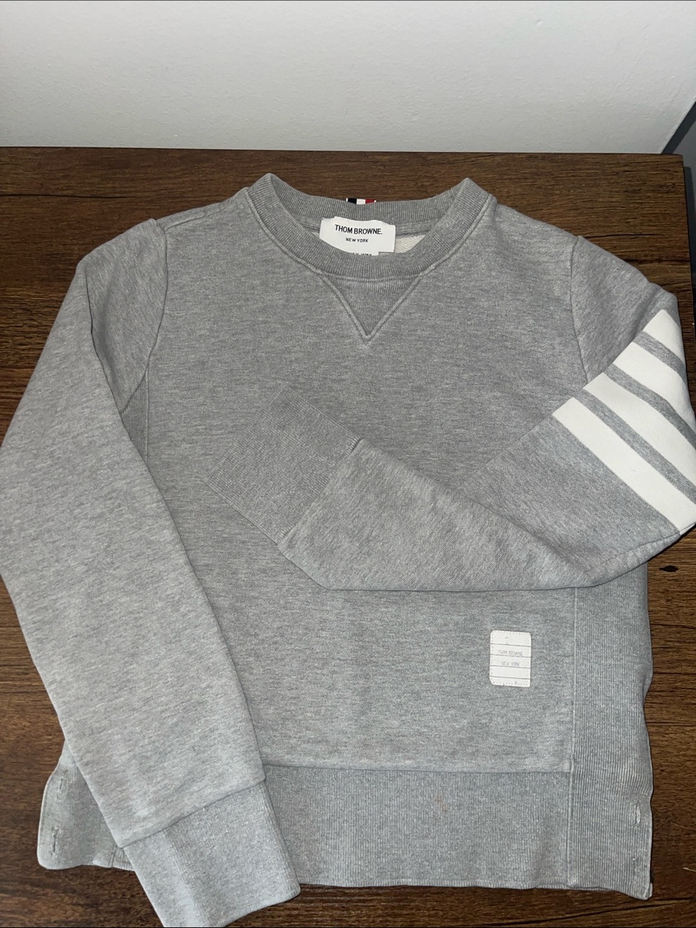 Thom Browne Grey Slim Crewneck Sweatshirt with White Sleeve Stripes